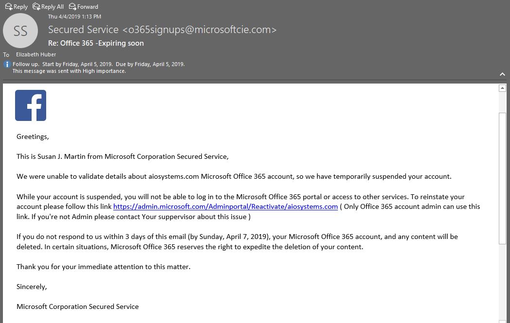 MS scam email with FB logo