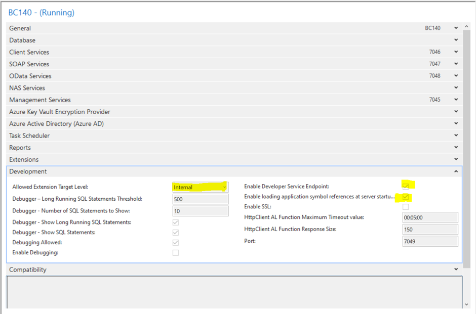 Administration Development Tap properties